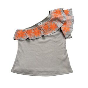 Dolan (Tan) One-Shoulder Embroidered Ruffle Top Womens Medium